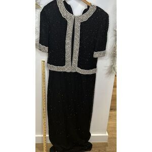 Vtg 80's J. Ranni Women's Black Silk White Beaded Embellished Formal Dress Sz. M